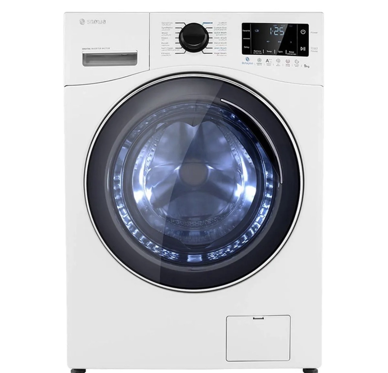 ماشین لباسشویی اتوماتیک اسنوا مدل SWM-E92W ظرفیت 9 کیلوگرم با موتور دیجیتال اینورتر کم‌صدا، سرعت چرخش 1400 دور در دقیقه، 14 برنامه شست‌وشو، سیستم بخارشوی، خشک‌کن، قفل کودک و قابلیت اضافه کردن لباس حین کار